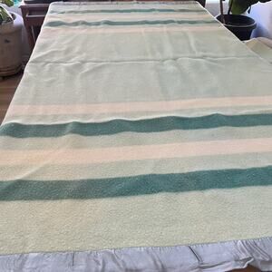 Vintage Baron Woolen Mills Wool Turquoise Blue Tones Striped Blanket 83x68" Read